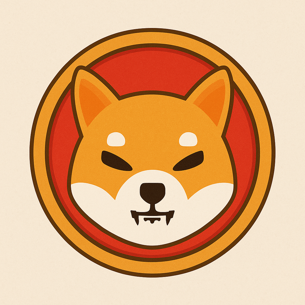 Shiba Inu(シバイヌ)仮想通貨のロゴを描いたデジタルイラスト。赤と金色の背景に柴犬の顔が描かれている