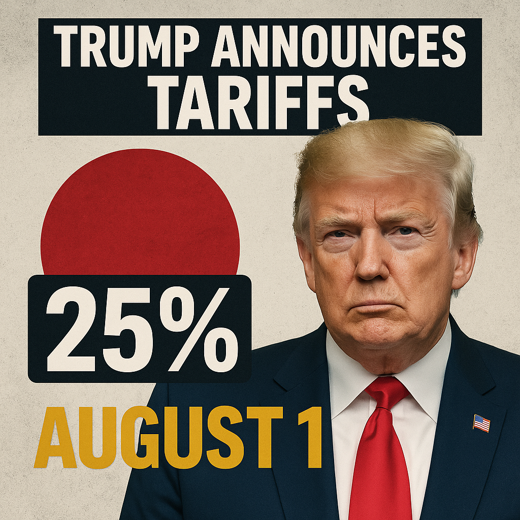 トランプ前大統領が関税を発表する様子と、日本を示す赤い円、25％の文字、8月1日の強調テキストを背景にしたニュースグラフィック