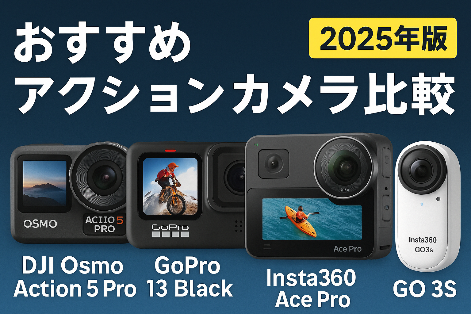 2025年版おすすめアクションカメラ比較。DJI Osmo Action 5 Pro、GoPro Hero 13 Black、Insta360 Ace Pro 2、Insta360 GO 3Sを並べたビジュアル。