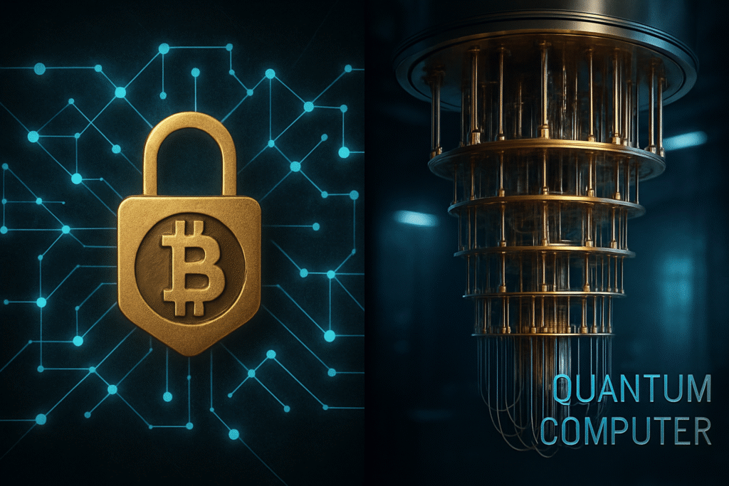 ブロックチェーンと量子コンピュータの未来を象徴するデジタルイメージ