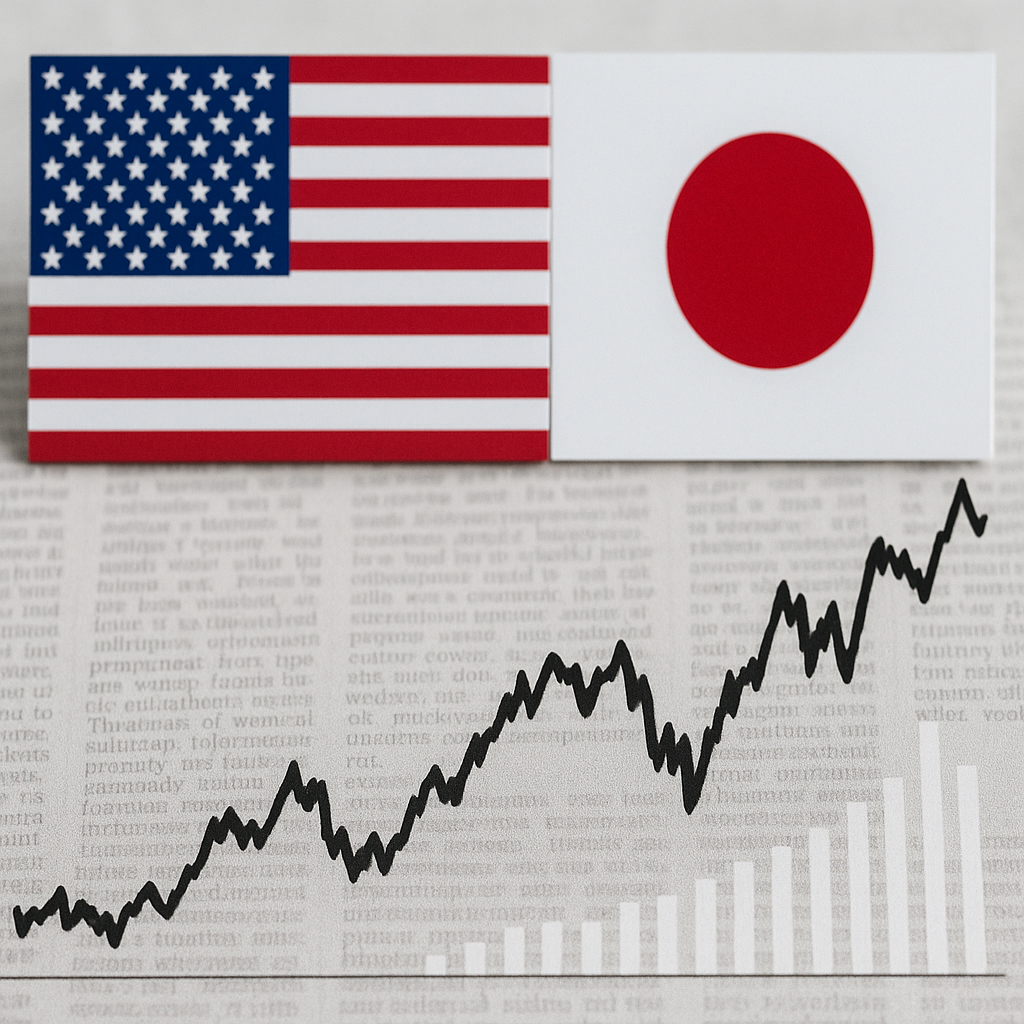トランプ大統領の関税発表と日本経済への影響を解説するニュース記事のイメージ。米国と日本の国旗を背景に配置。